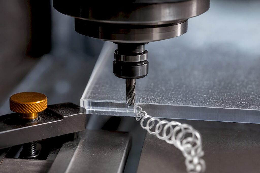 CNC cutter producing polycarbonate chips