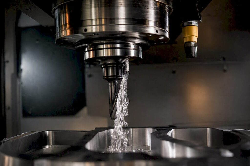 Coolant exiting a CNC tool near cutting edge