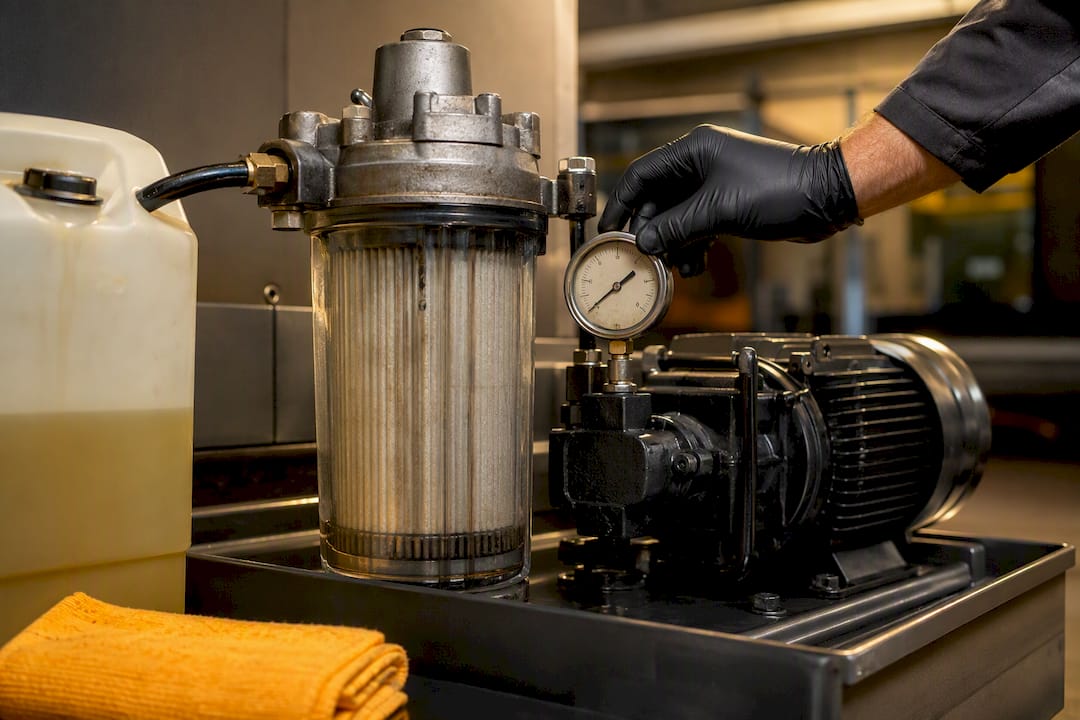 Technician checking coolant filter pressure gauge