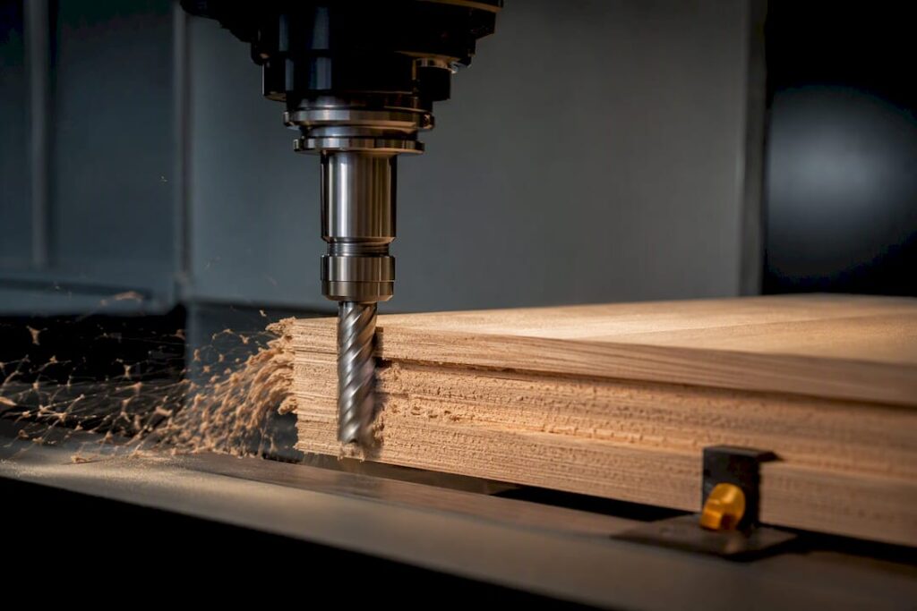 CNC cutter engaging timber panel edge