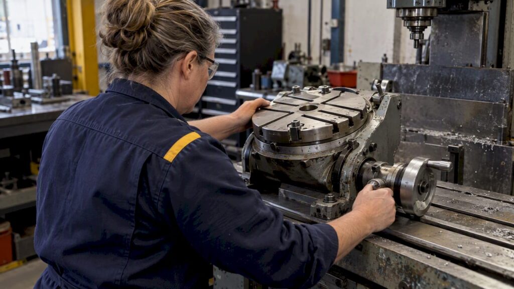 Machinist inspecting tilting rotary table