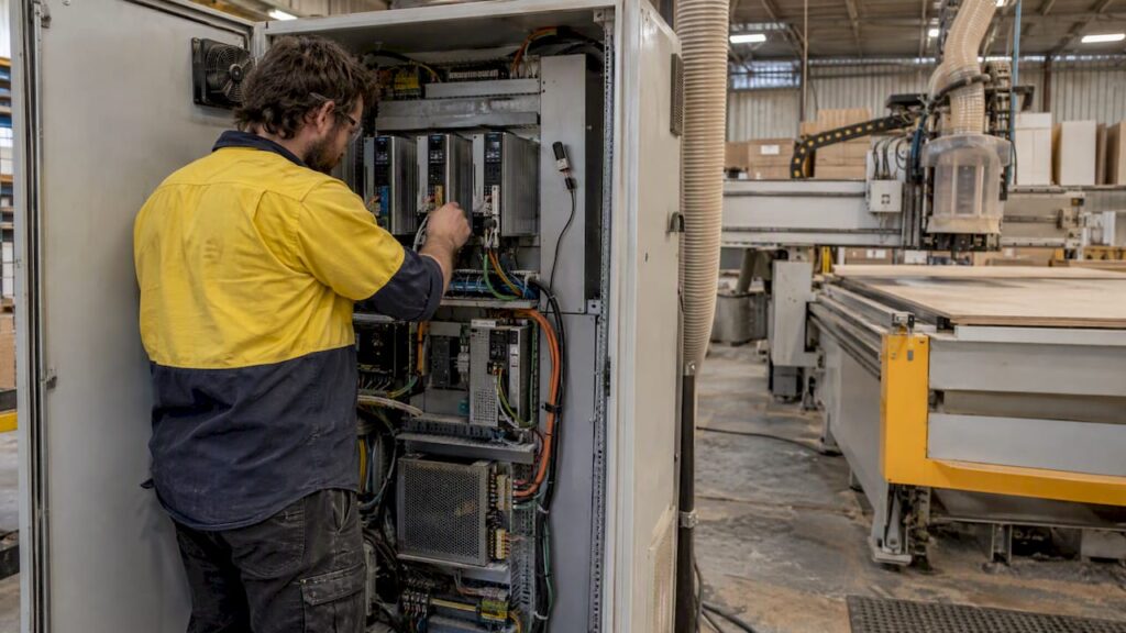 Open CNC control cabinet with temperature probe