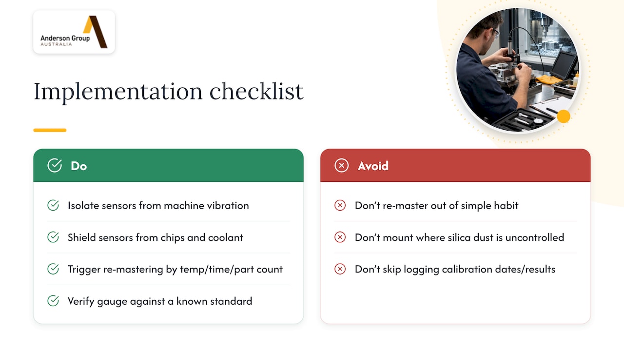 Implementation checklist: mounting, mastering, maintenance and safety — overview diagram