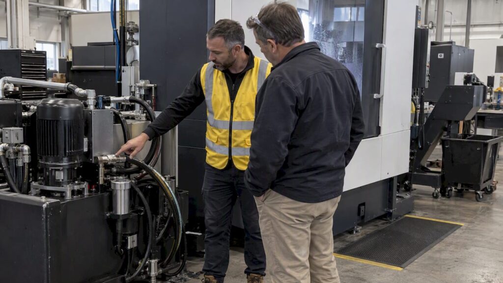 Technician checking CNC coolant integration