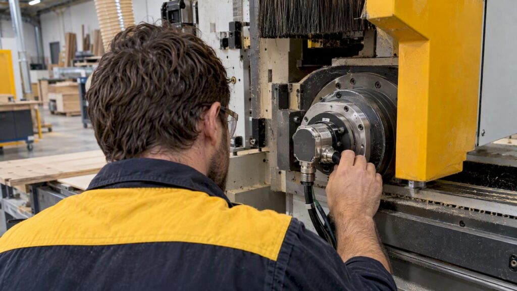 Technician inspecting encoder on CNC rotary axis