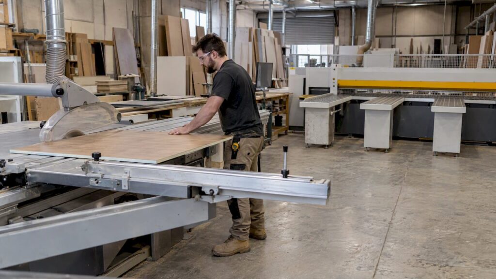 Beam saw and sliding table saw in cabinet shop