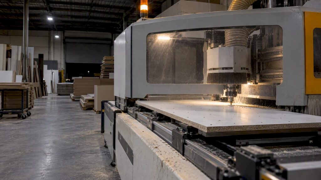 CNC machine drilling a cabinet panel overnight