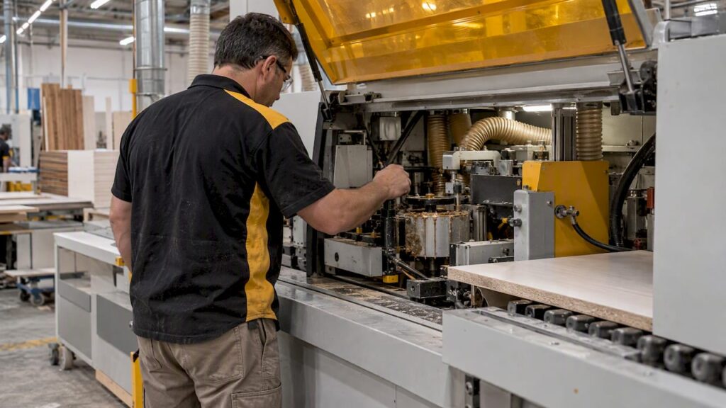 Operator checking an edgebander in a cabinet shop