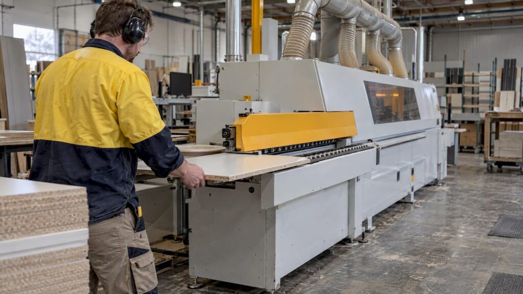 Edgebander feeding a cabinet panel in a shop