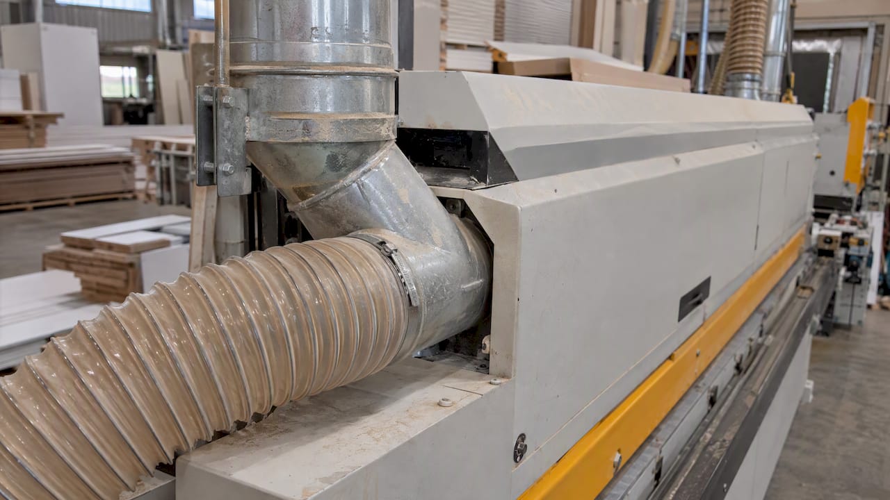 Extraction duct connected to an edgebander outlet