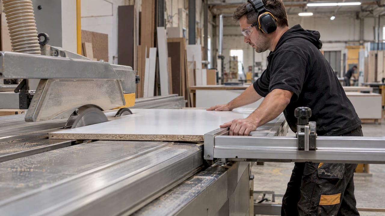 Melamine panel being cut on sliding saw