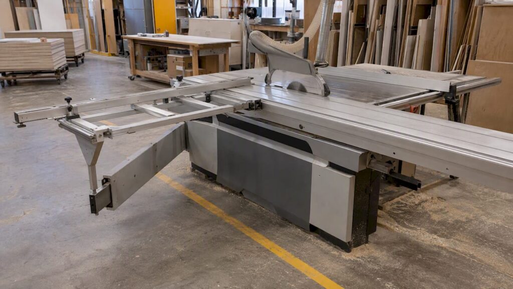 Long sliding table saw in cabinet shop