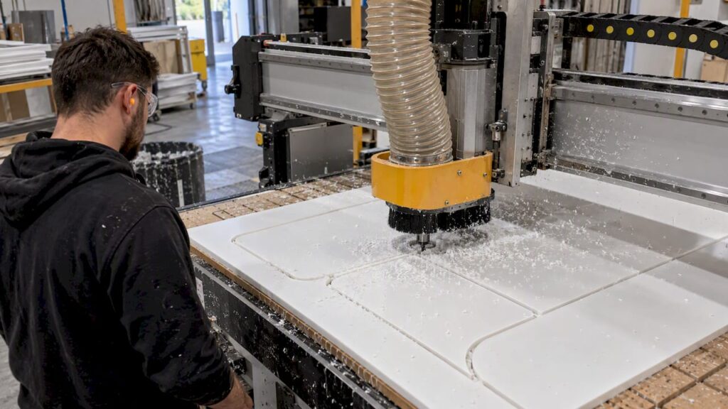 CNC router cutting a PVC sheet