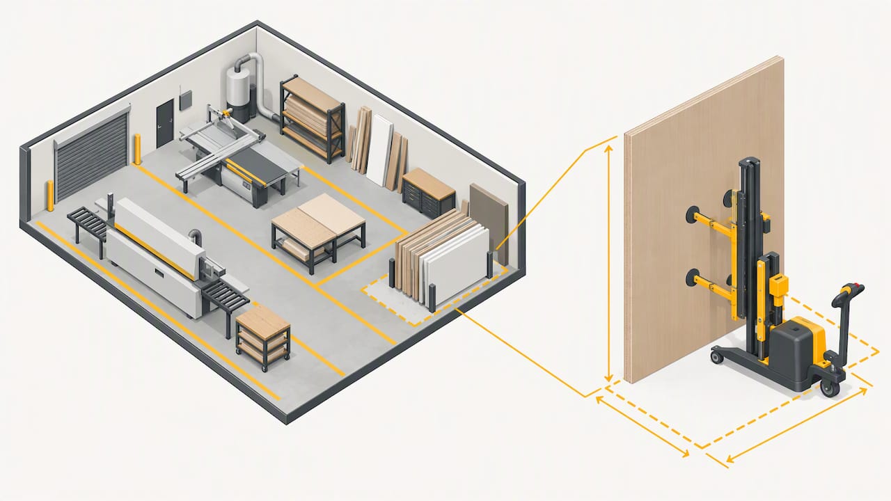 Shop layout and panel load guide lifter selection