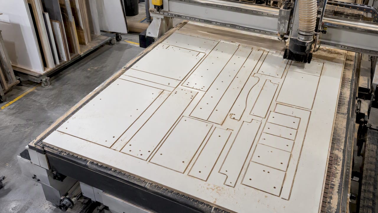 Nested cabinet parts on CNC vacuum table