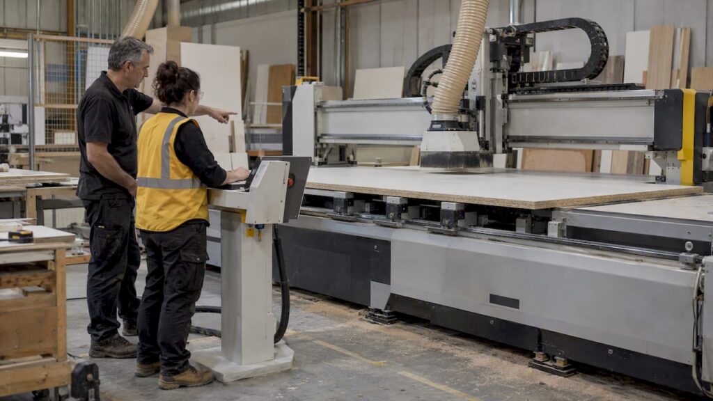 Technician guiding operator at nesting machine