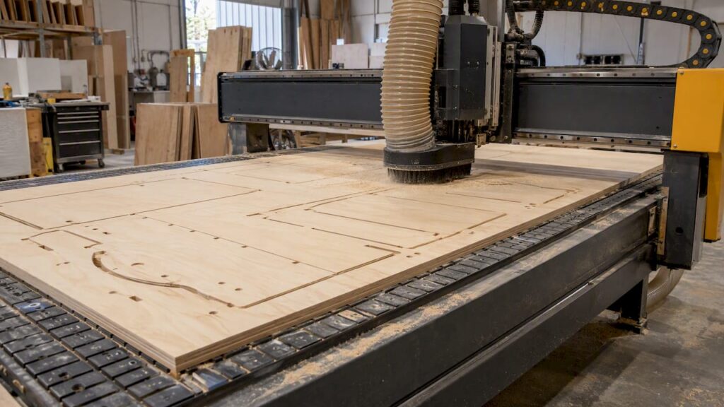 CNC router machining a plywood cabinet panel
