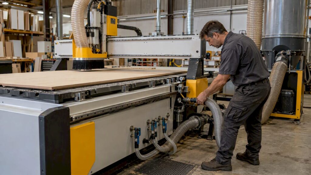 Technician checking CNC service connections