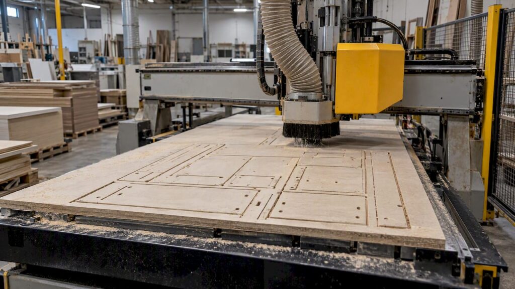 Nesting CNC cuts cabinet parts from sheet