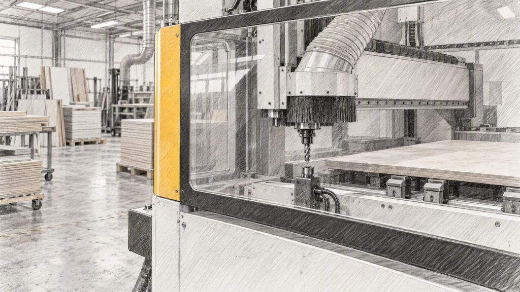 Guarded CNC cutter at a tool check position